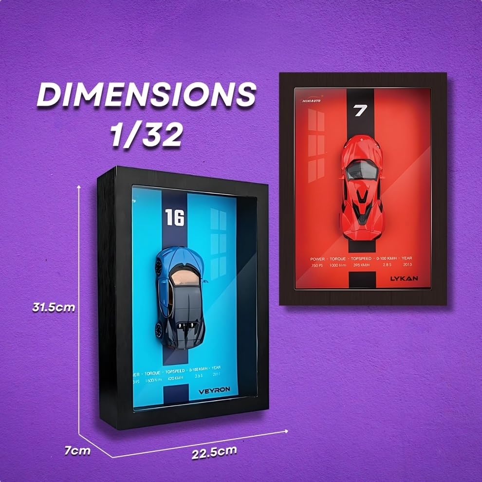 3D Car Frame Wall Art | Wooden Frame with Removable Die-Cast Cars, Lights, Pull-Back Action & Opening Doors | Collectible Display for Car Lovers