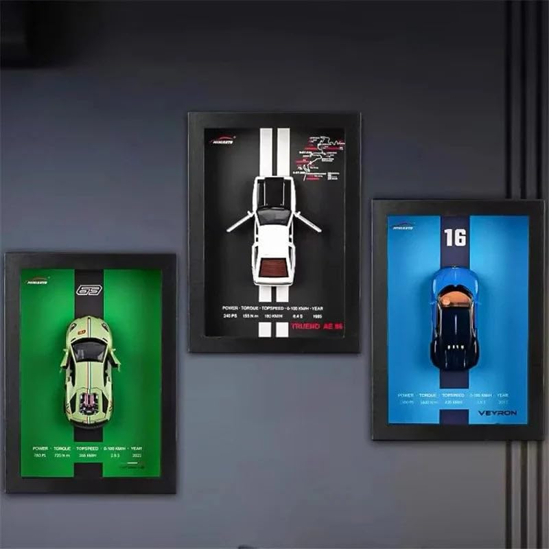 3D Car Frame Wall Art | Wooden Frame with Removable Die-Cast Cars, Lights, Pull-Back Action & Opening Doors | Collectible Display for Car Lovers