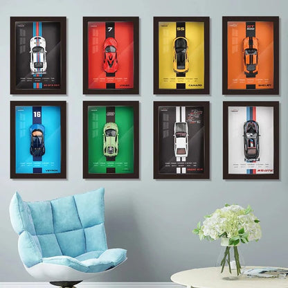 3D Car Frame Wall Art | Wooden Frame with Removable Die-Cast Cars, Lights, Pull-Back Action & Opening Doors | Collectible Display for Car Lovers