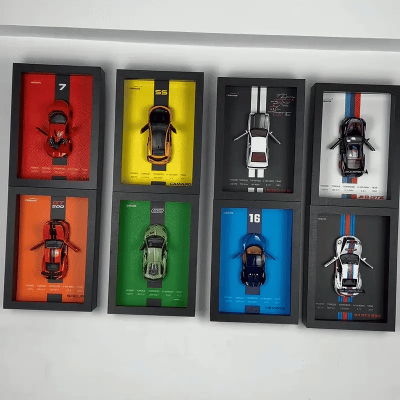 3D Car Frame Wall Art | Wooden Frame with Removable Die-Cast Cars, Lights, Pull-Back Action & Opening Doors | Collectible Display for Car Lovers